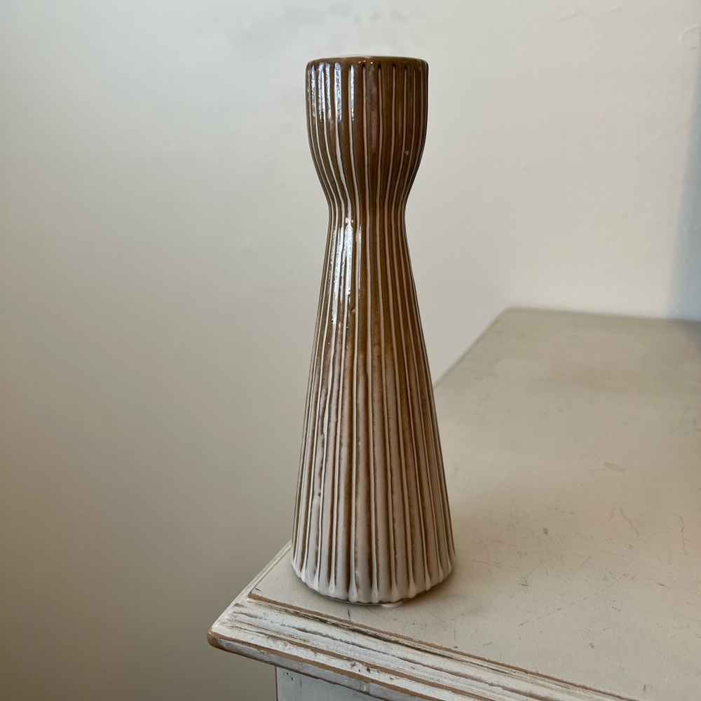 World Market beige and white textured taper candle holder